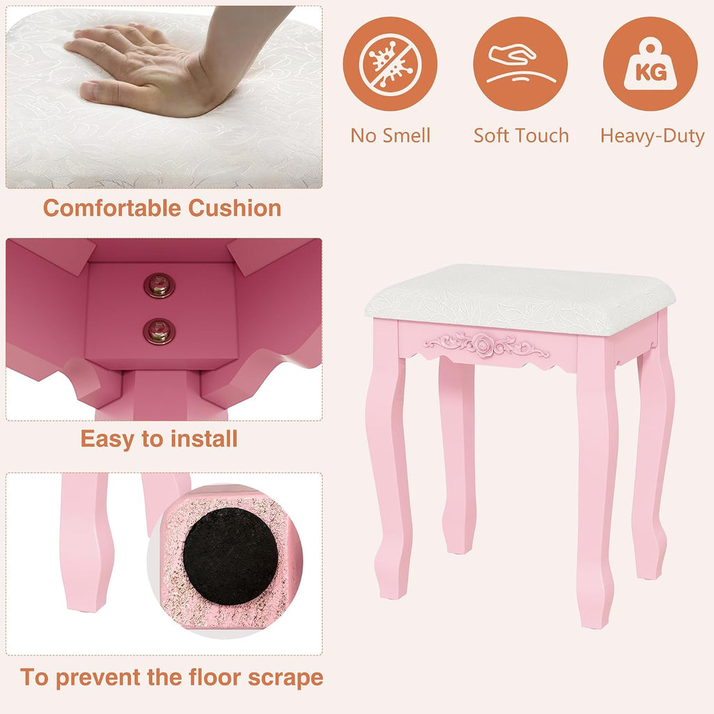Whalefall Vanity Desk with Mirror and 3 Lights Modes, Makeup Vanity with Cushioned Stool, 4 Storage Drawers Makeup Table for Women and Girls, Bedroom or Dorm Guest Room