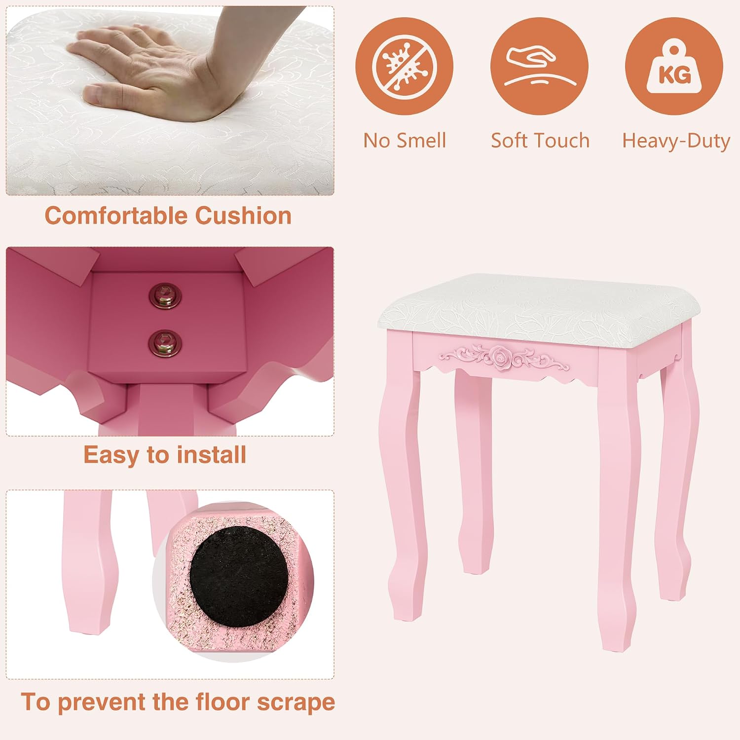 Whalefall Vanity Desk with Mirror and 3 Lights Modes, Makeup Vanity with Cushioned Stool, 4 Storage Drawers Makeup Table for Women and Girls, Bedroom or Dorm Guest Room