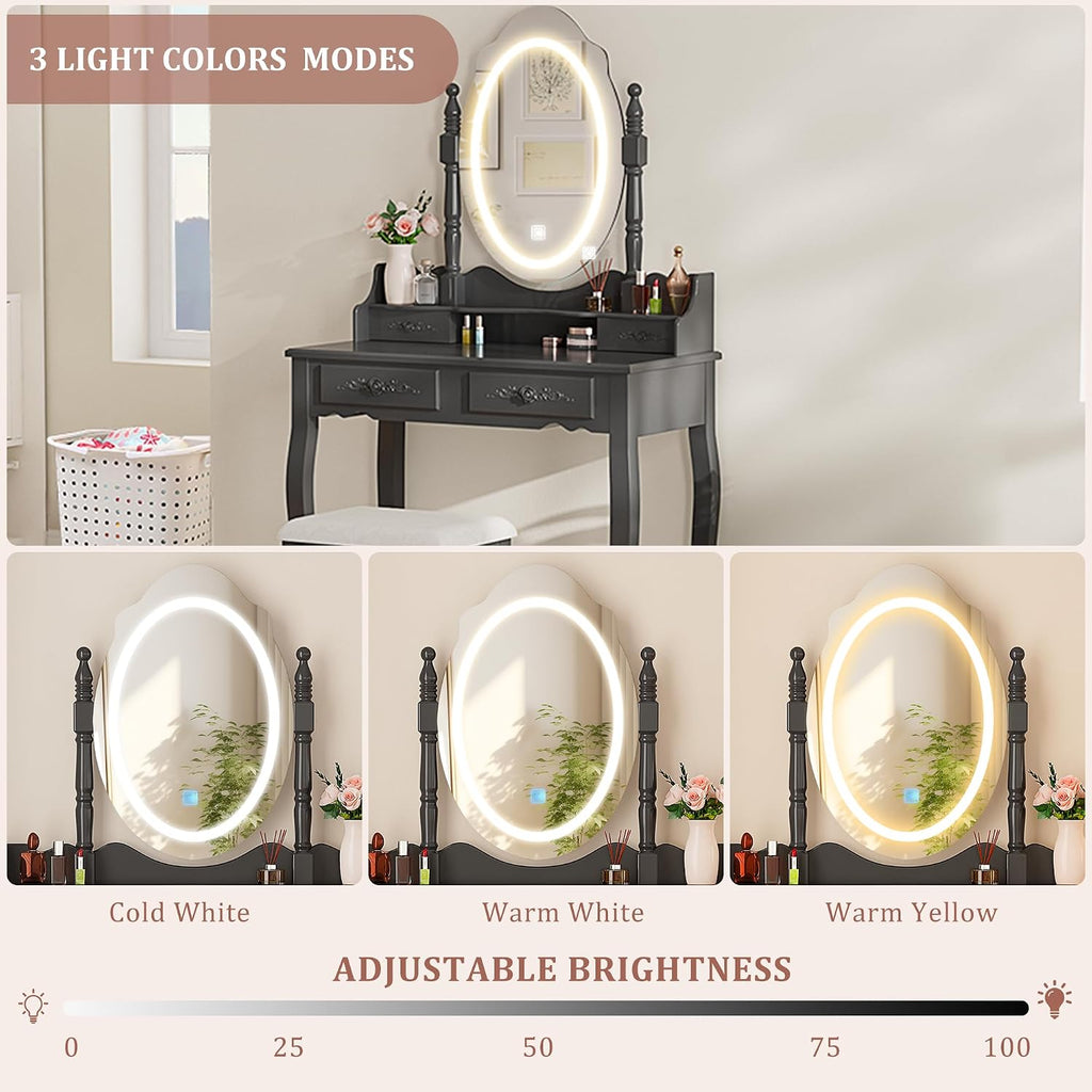 Vanity Desk with LED Lighted Mirror & 4 Drawers, Makeup Vanity Table with Cushion Stool, 3 Color Modes & Adjustable Brightness Dressing Table, for Bedroom, Black (Black)