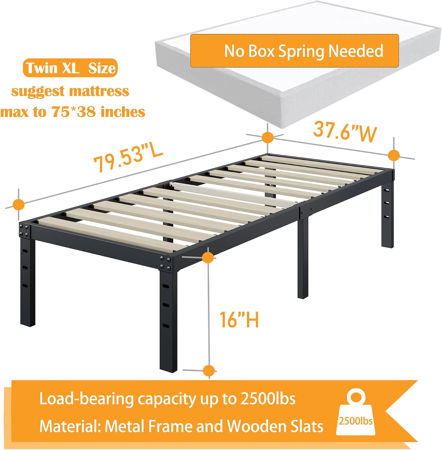 ZIYOO Twin XL Bed Frame 16 Inches Tall, 3 Inches Wide Wood Slats with 2500 Pounds Support for Foam Mattress, No Box Spring Needed, Underbed Storage Space, Easy Assembly, Noise Free