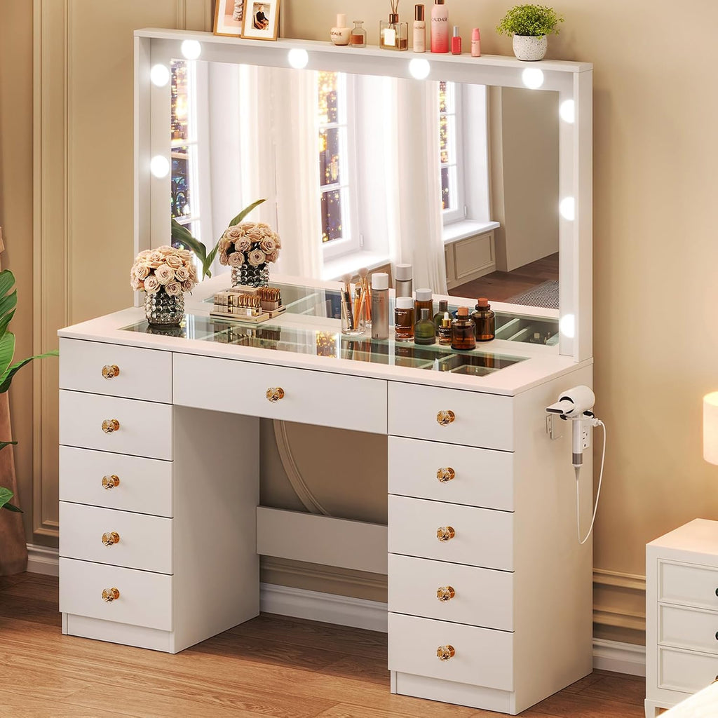 Vanity Desk with Large Mirror and 10 LED Lights, Glassstop Makeup Vanity Desk with 11 Drawers & Power Outlet & Hair Dryer Stand, Dressing Table with Crystal Handles for Girls, Women (White)