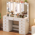 Vanity Desk with Large Mirror and 10 LED Lights, Glassstop Makeup Vanity Desk with 11 Drawers & Power Outlet & Hair Dryer Stand, Dressing Table with Crystal Handles for Girls, Women (White)