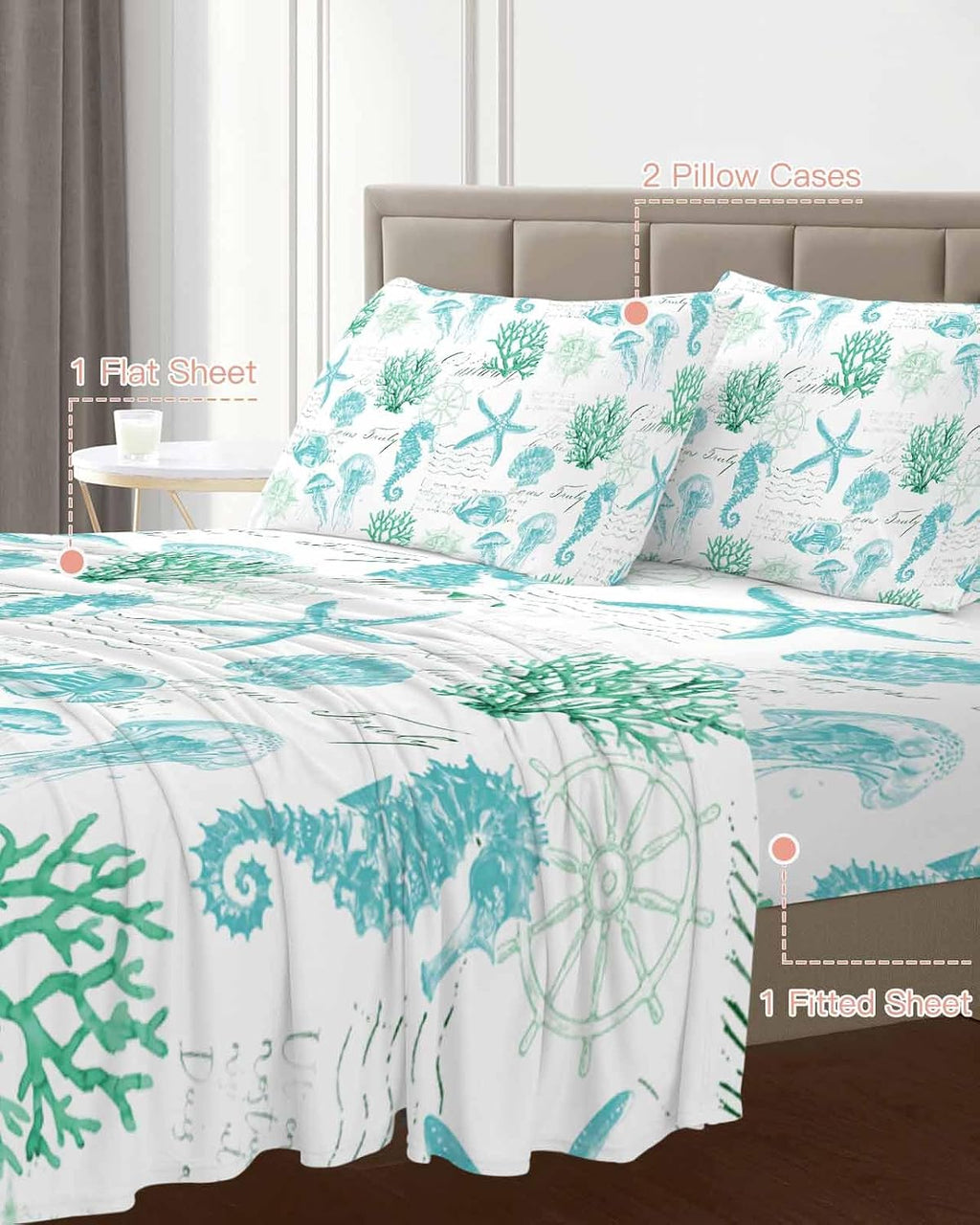 Green Aqua Coastal Cal King Sheet Set 4 Piece Bedding - Nautical Jellyfish Seashells Starfish Breathable Comfy Cooling Bed Sheets & Pillowcase Sets,Hotel Luxury Flat Sheets Deep Pockets Fitted Sheet