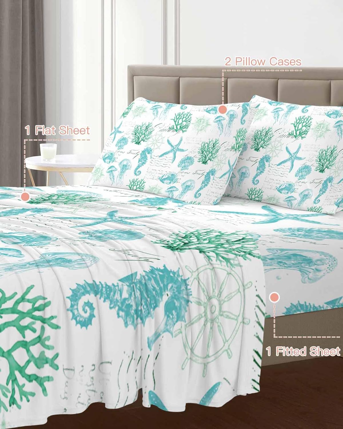 Green Aqua Coastal Cal King Sheet Set 4 Piece Bedding - Nautical Jellyfish Seashells Starfish Breathable Comfy Cooling Bed Sheets & Pillowcase Sets,Hotel Luxury Flat Sheets Deep Pockets Fitted Sheet