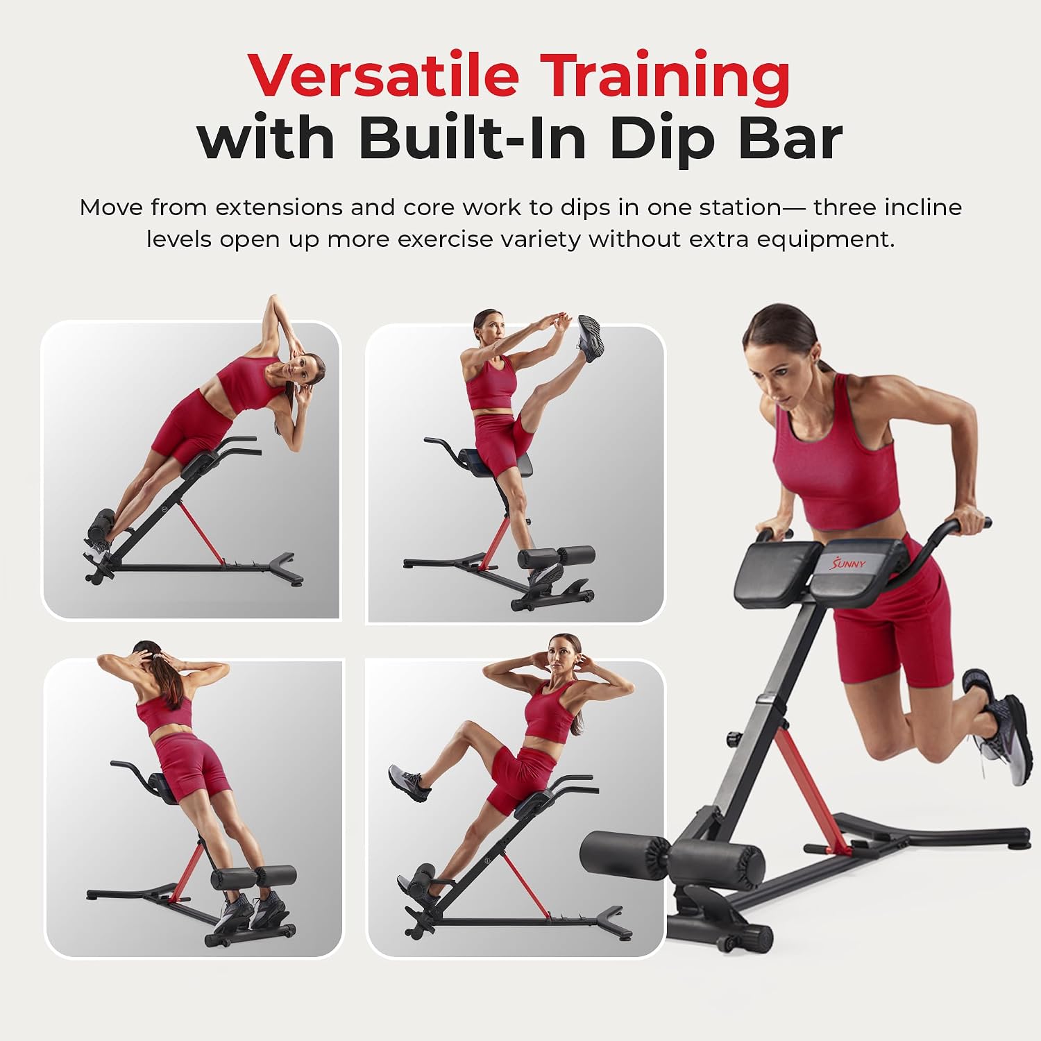 Sunny Health & Fitness Multi-Function Roman Chair with Dip Station & Sit-Up Bench, Adjustable Heavy-Duty Strength Training Equipment for Glutes, Core & Lower Body Workouts, Hyperextension Machine for Home Gym