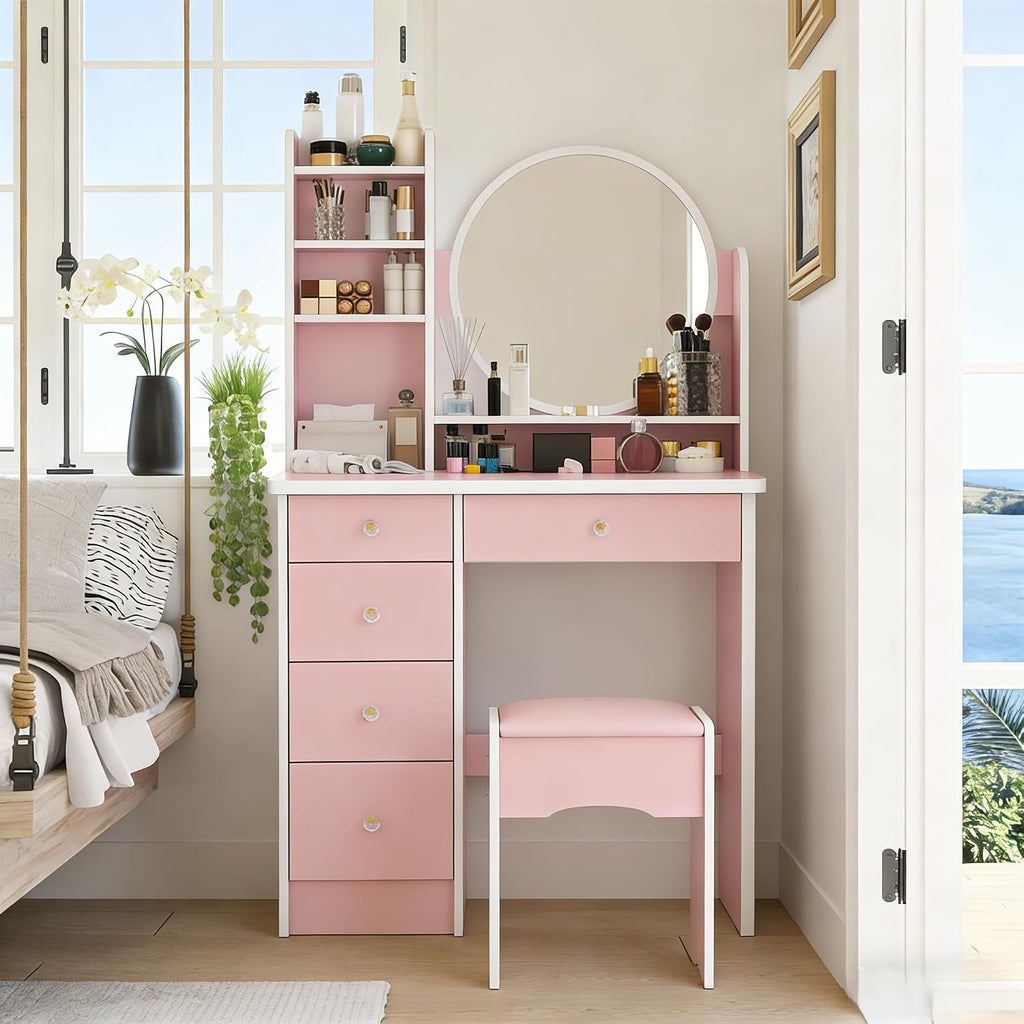 FUFU&GAGA Pink Vanity Set with Round Mirror, Makeup Vanity Bedroom Dressing Table with 5 Drawers, Shelves, Dresser Desk and Cushioned Stool