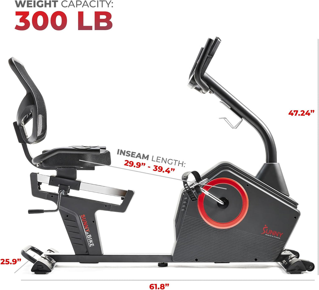 Sunny Health & Fitness Smart Recumbent Bike with Pulse Sensors, Home Cycling Workout Machine w/Cushion Seat & Mesh-Backrest, Free SunnyFit App Connection