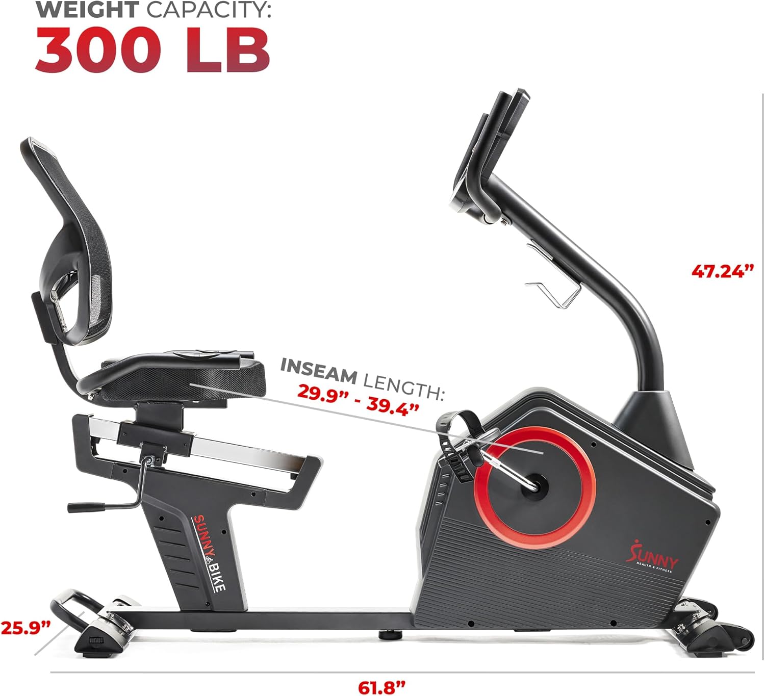 Sunny Health & Fitness Smart Recumbent Bike with Pulse Sensors, Home Cycling Workout Machine w/Cushion Seat & Mesh-Backrest, Free SunnyFit App Connection