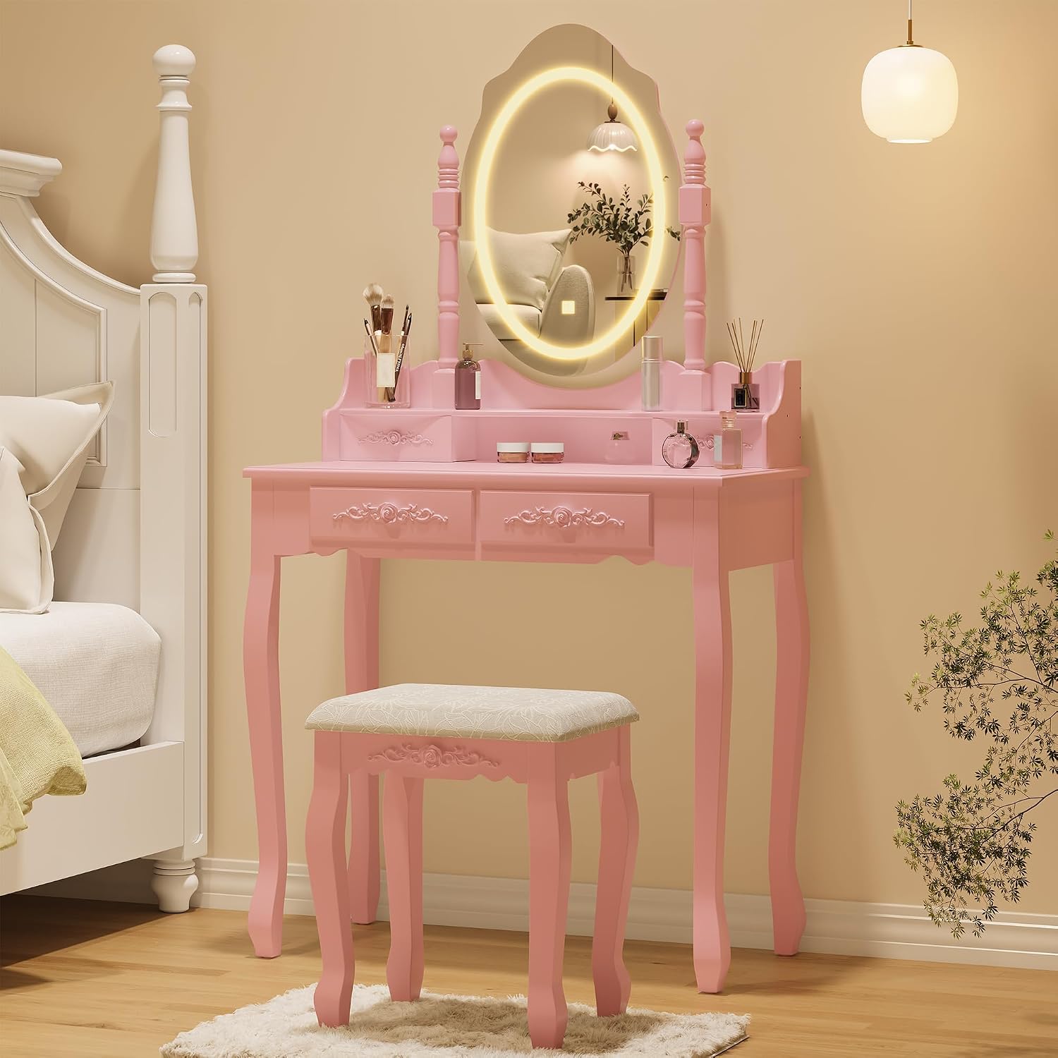 Whalefall Vanity Desk with Mirror and 3 Lights Modes, Makeup Vanity with Cushioned Stool, 4 Storage Drawers Makeup Table for Women and Girls, Bedroom or Dorm Guest Room