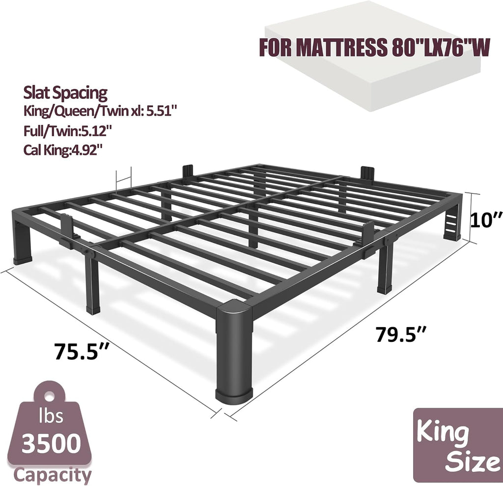 Bilily 10 Inch Low Bed Frame King with Round Corner Legs,3500 LBS Heavy Duty Low Profile King Size Bed Frame Metal Platform, No Box Spring Needed, Easy Assembly, Noise-free, Headboard Compatible,Black