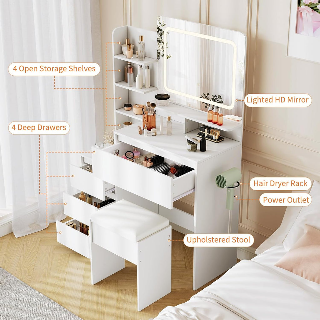 Vanity Desk With Mirror and LED Lights, 36-Inch Makeup Vanity Desk, Power Outlet, USB Ports, Stool, 3 Color Adjustable Light, Dressing Table With 4 Drawers, Storage Shelves for Bedroom, Women (White)