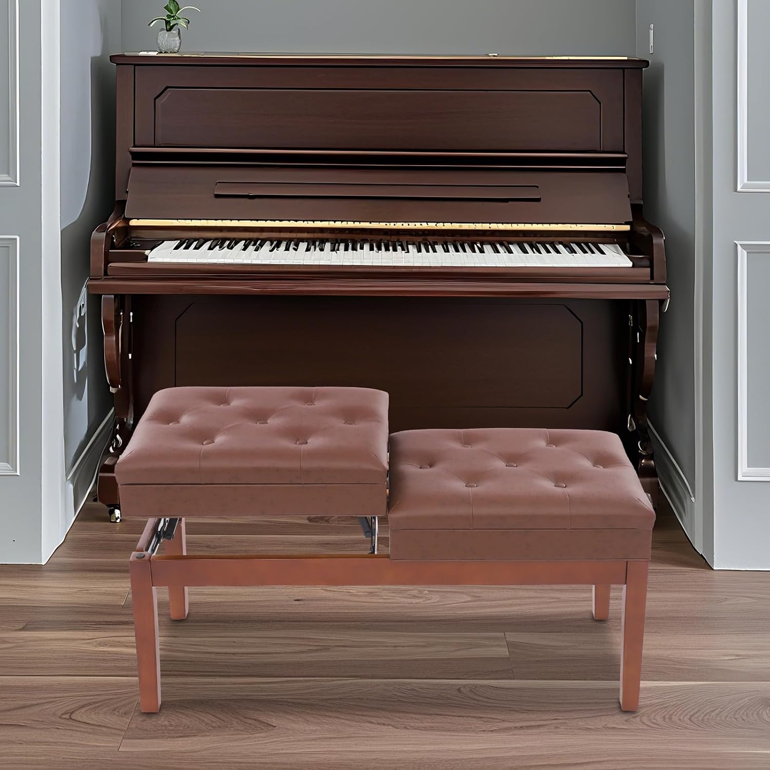 Adjustable Duet Piano Bench with Storage, Wood Keyboard Stool with PU Leather Padded Cushion, Double Seater Piano Chair with High-Density Sponge for Piano, Vanity, Living Room (Brown)