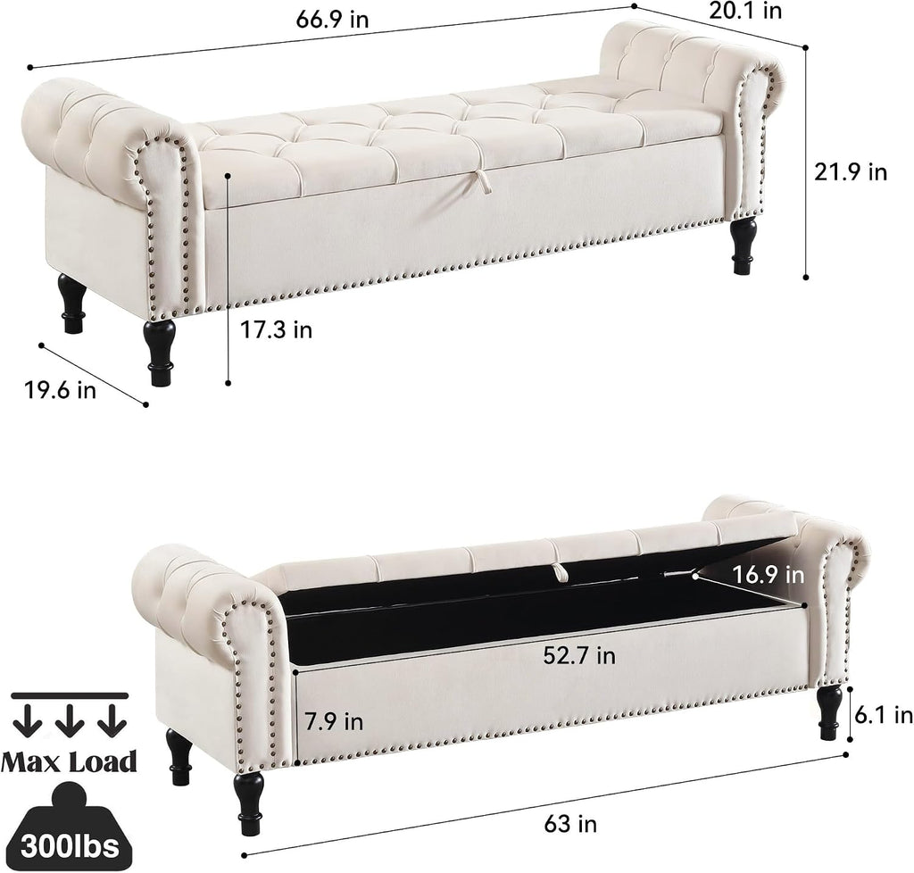 Storage Bed Bench for Bedroom, Velvet 67' End of Bed Benches, King Size Bench with Armrest, Tufted Button Upholstered Ottoman Bench for Living Room, Entryway, Cream Beige