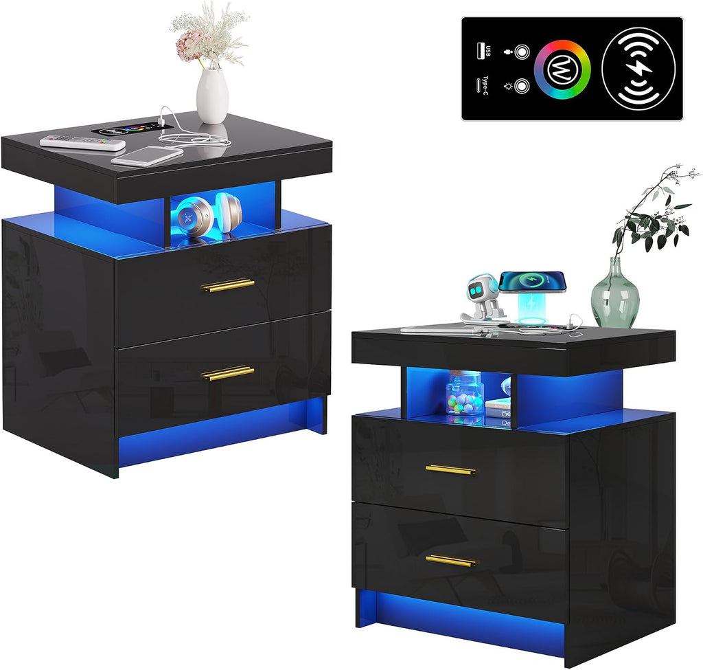 WOOVIVS Night Stand Set 2 with USB/Type-C/Wireless Charging Station, Blakc Nightstands with RGB Auto LED Lights, Modern Bedside Table Set of 2 with 2 Drawers for Bedroom Furniture