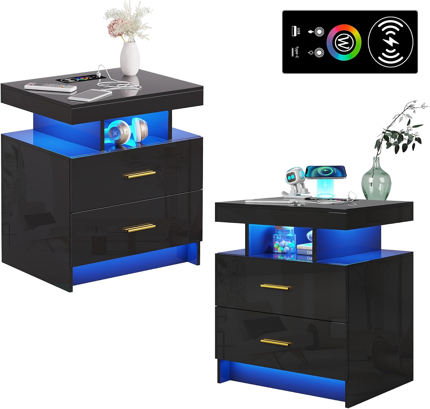 WOOVIVS Night Stand Set 2 with USB/Type-C/Wireless Charging Station, Blakc Nightstands with RGB Auto LED Lights, Modern Bedside Table Set of 2 with 2 Drawers for Bedroom Furniture