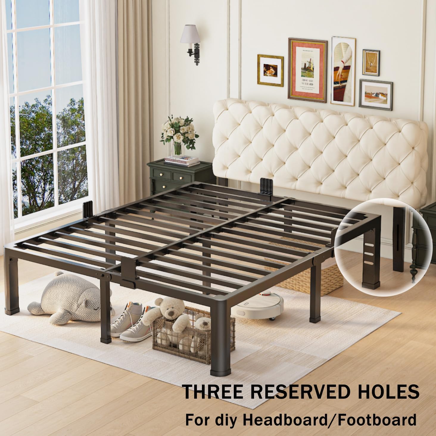 14 inch California King Bed Frame with Round Corner Legs and Headboard Hole Mattress Slide Stopper 3500 lbs Heavy Duty Metal Platform,Steel Slat Support,No Box Spring Needed,Easy Assembly,Noise Free