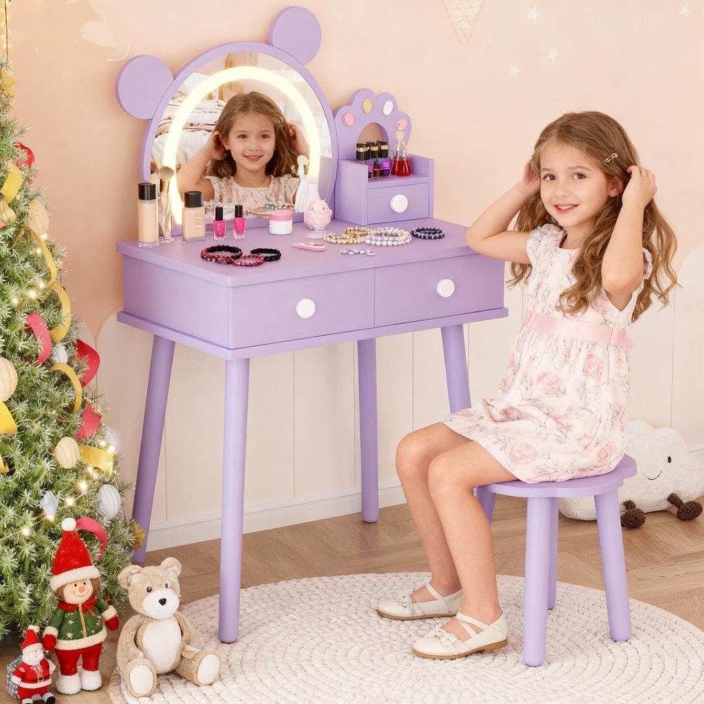 Garvee Kids Vanity Set with Lights,Bear-Shaped Make Up Vanity Desk with Mirror&Stool,Wooden Princess Toddler Make Up Table Set for Bedroom,Pretend Play Vanity Sets for Little Girls(Purple)