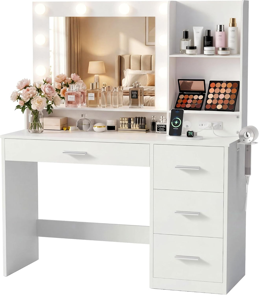 YESHOMY 39' Vanity Desk with Mirror & Lights, Makeup Vanity Table with Power Outlet & Storage Drawers, 3 Color LED Lighting, Dressing Table for Bedroom,Snow White