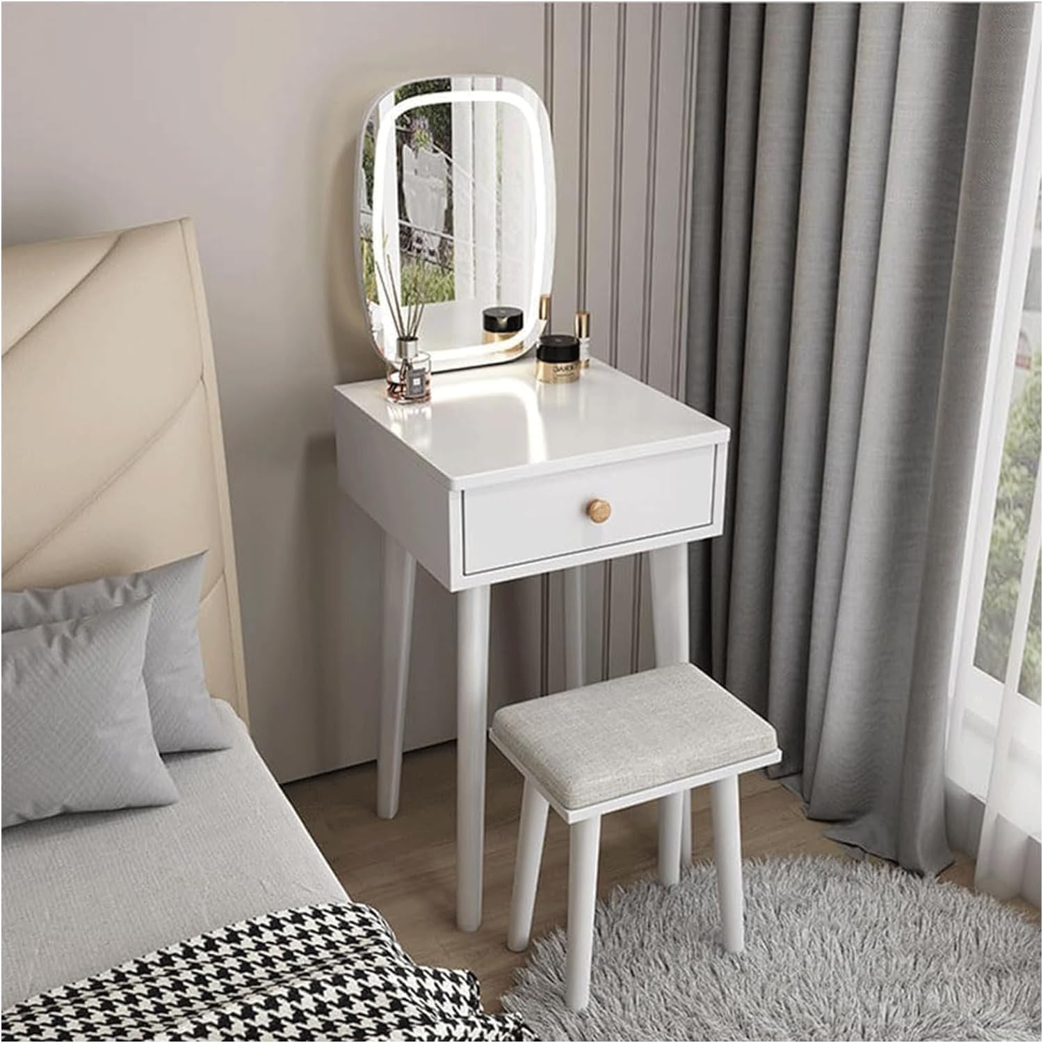 Rieort Vanity Desk Nordic Vanity Benches with Drawers and Led Lighted Mirror Vanity Table Set Cushioned Stool Elegante Makeup Table