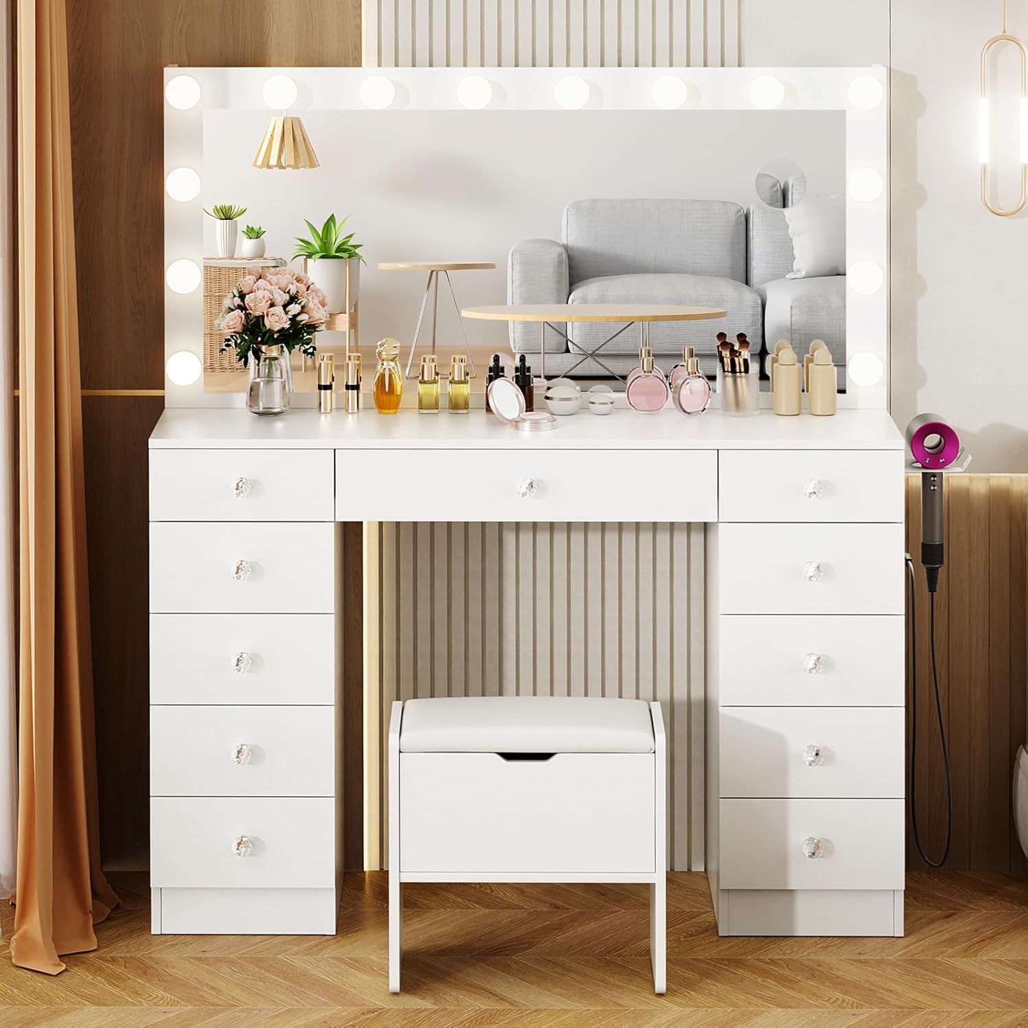 VOWNER Vanity with Lighted Mirror - Makeup Vanity Desk with 11 Drawers and Outlet, 3 Color Lighting Modes Adjustable Brightness, 46' Vanity Table with Soft Cushioned Stool for Bedroom, White