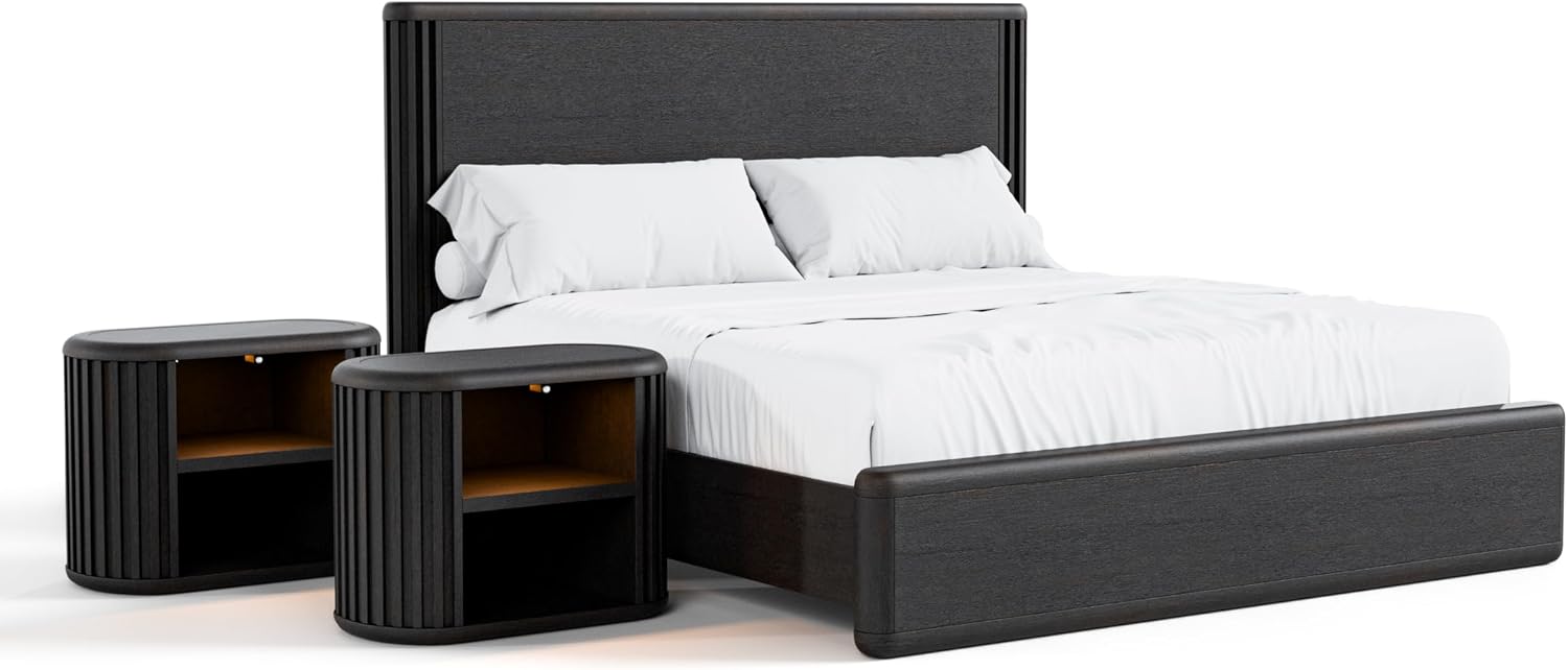 Furniture of America Elizea Modern Contemporary Solid Wood 3-Piece Queen Panel Bedroom Set with USB Ports, Dust-Proof Case and Motion Light on Open Shelf, Box Spring Needed, Black