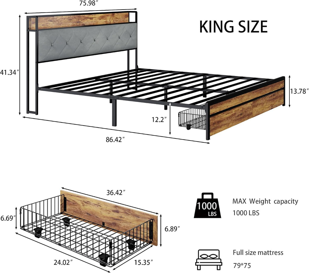 King Size Metal Platform Bed Frame with 2 Storage Drawers, LED Light, Velvet Headboard with USB Port - Heavy Duty, Brown Wooden Panel, No Box Spring Needed - King Bed Frame with Storage (Brown, King)
