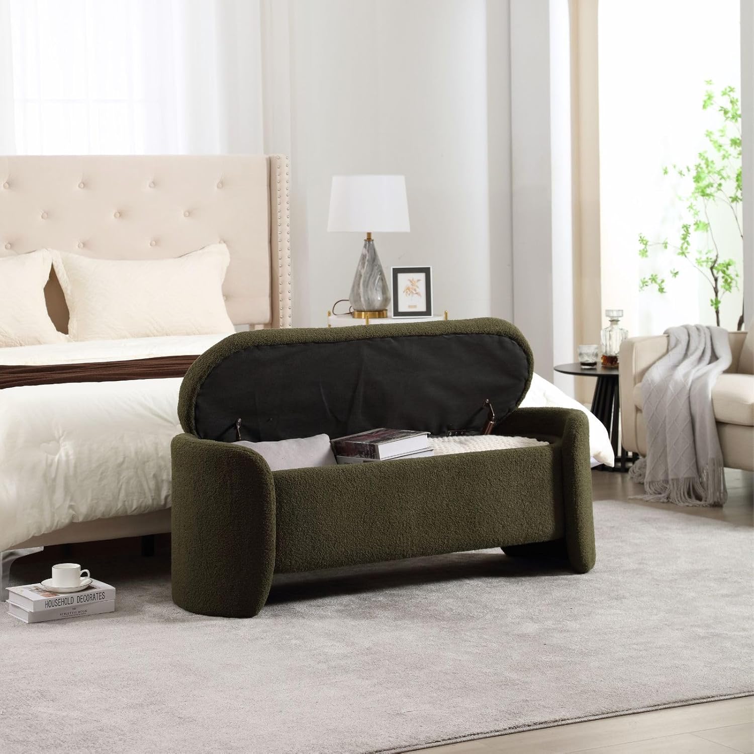 ROCTY Green Boucle Storage Bench - 50' Sherpa End of Bed Ottoman with Seating and Storage for Bedroom, Entryway, Living Room, Vanity or Makeup Room - Teddy Fabric