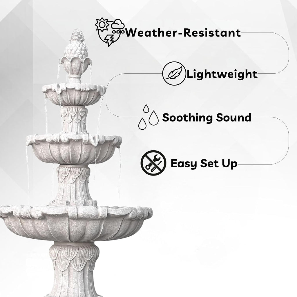 XBrand 58.3' 3-Tier Outdoor Freestanding Water Fountain - Classic Leaf Design, White Resin, Large Bird Bath with Pump - Ideal for Yard, Lawn and Garden, Porch Décor