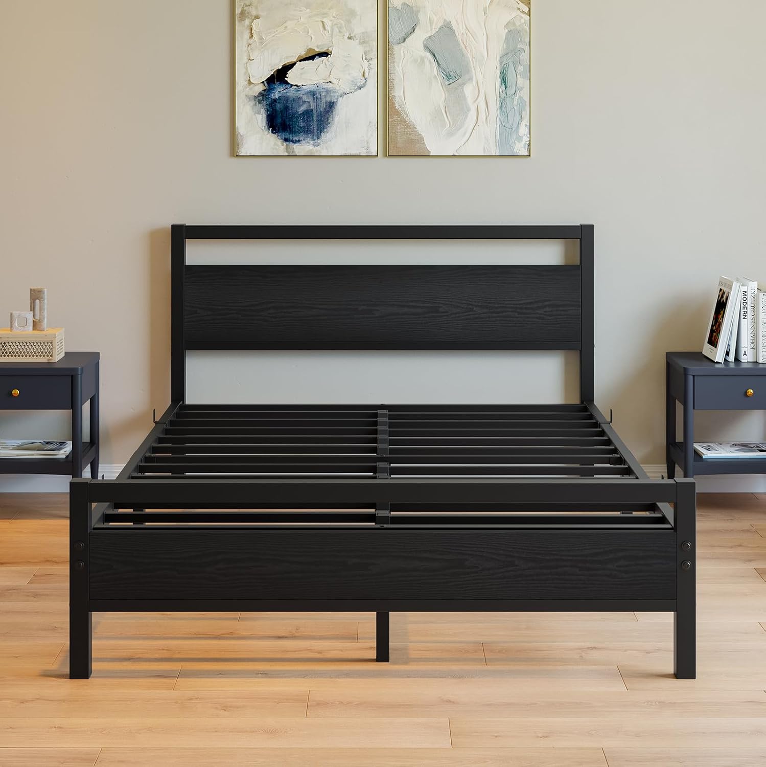 BOFENG Full Size Bed Frame with Wood Headboard,Heavy Duty Platform Bed Frame Full with Storage No Box Spring Needed,Reinforced Steel Slats Support,Mattress Foundation,Black
