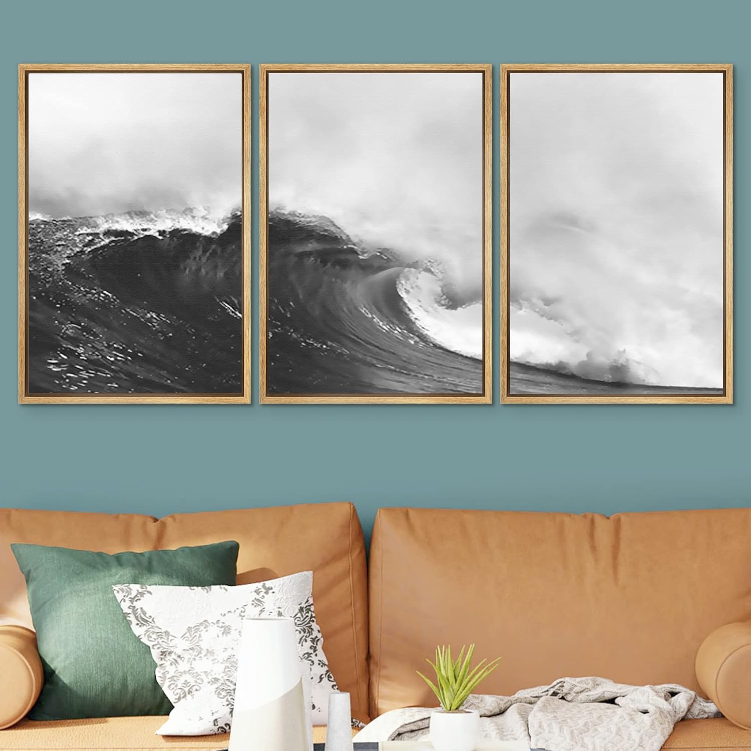 SIGNWIN Framed Canvas Print Wall Art Set Black & White Ocean Beach Waves Nature Wilderness Photography Modern Art Rustic Landscape Relax/Calm for Living Room, Bedroom, Office - 16'x24'x3 Natural
