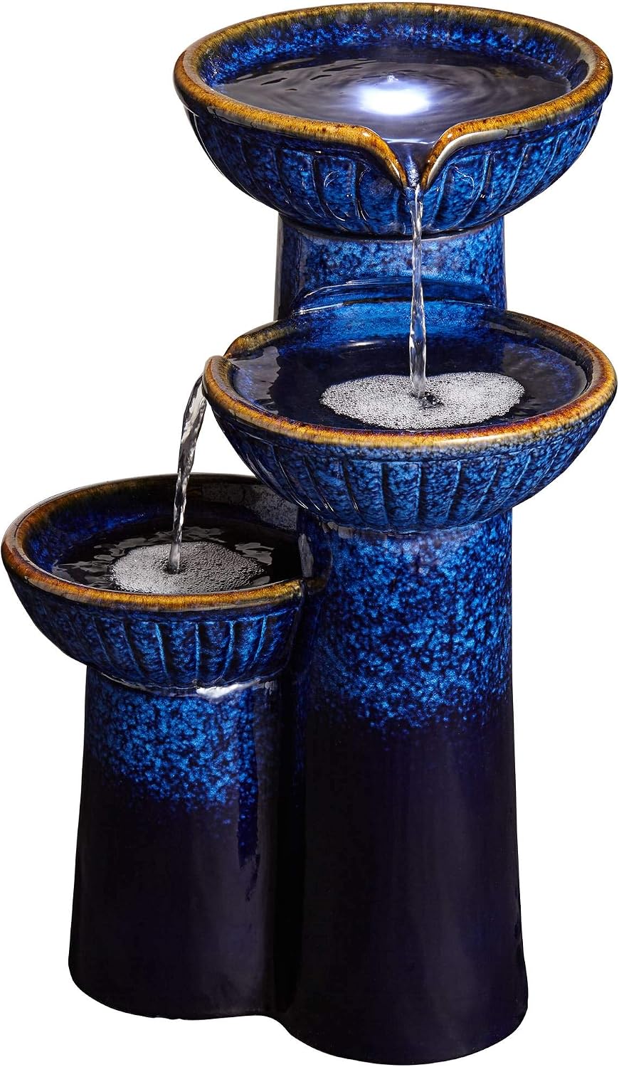 3-Bowl 26 3/4' High Large Modern Outdoor Decor Blue Cobalt Ceramic Floor Fountain with Light LED Standing Waterfall Tiered Water Feature for Outside Garden Patio Yard Backyard - John Timberland