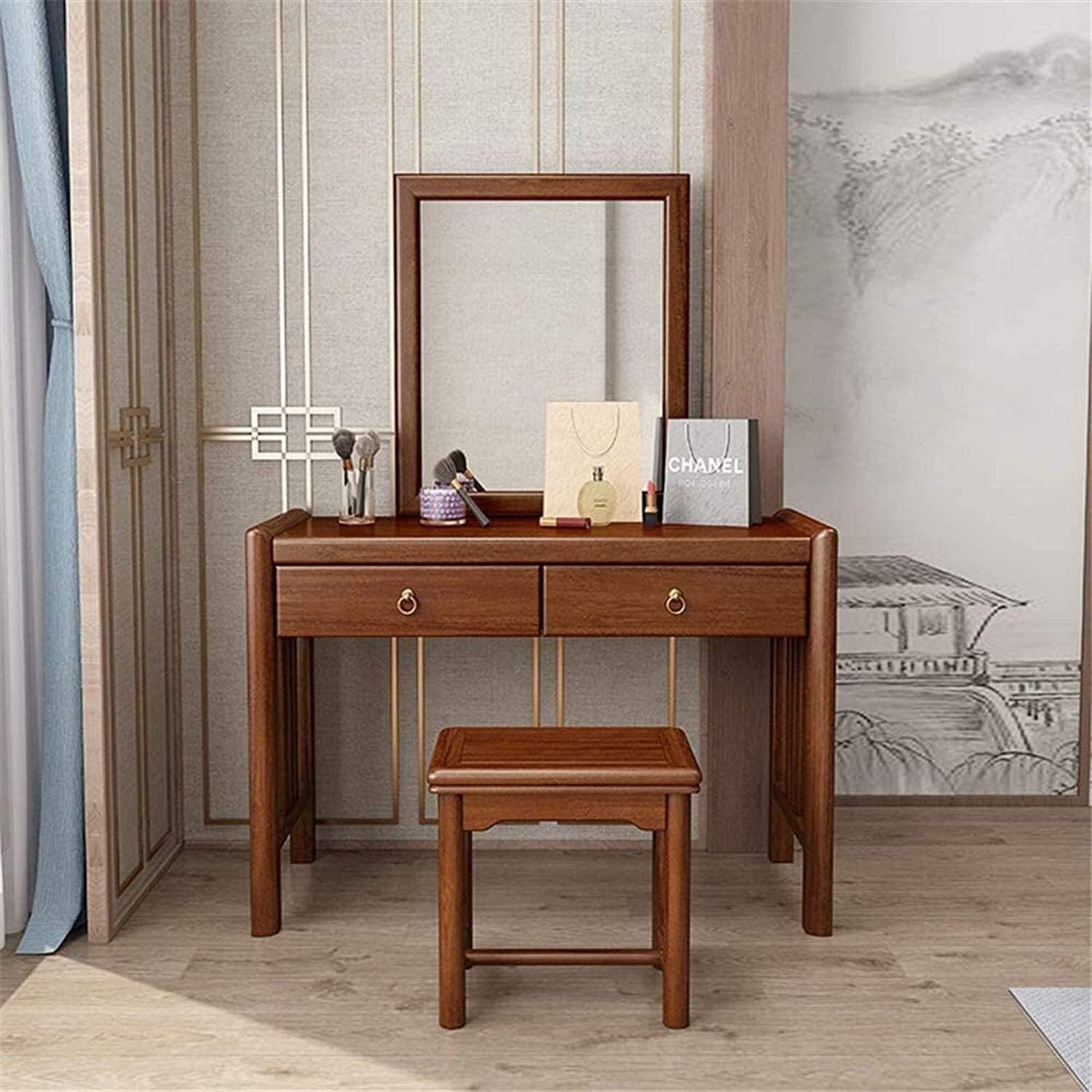 Vanity Table Set with Rectangular Mirror 2 Large Drawers with Sliding Rails Makeup Dressing Table with Stool Vanity Benches