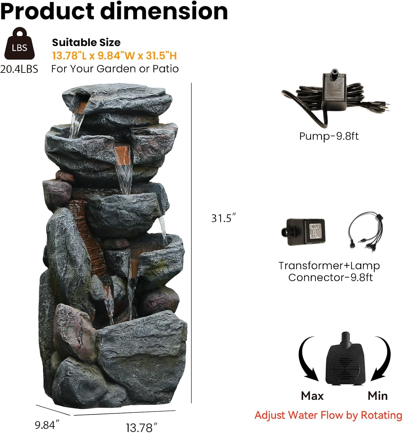 The 5-Tiered Rock Water Fountain Outdoor&Indoor, 31.5''H Floor-Standing Garden Fountains, Stone Feature and Waterfall with Lights for Patio, Backyard, Deck, Porch, Home DéCor, Gray