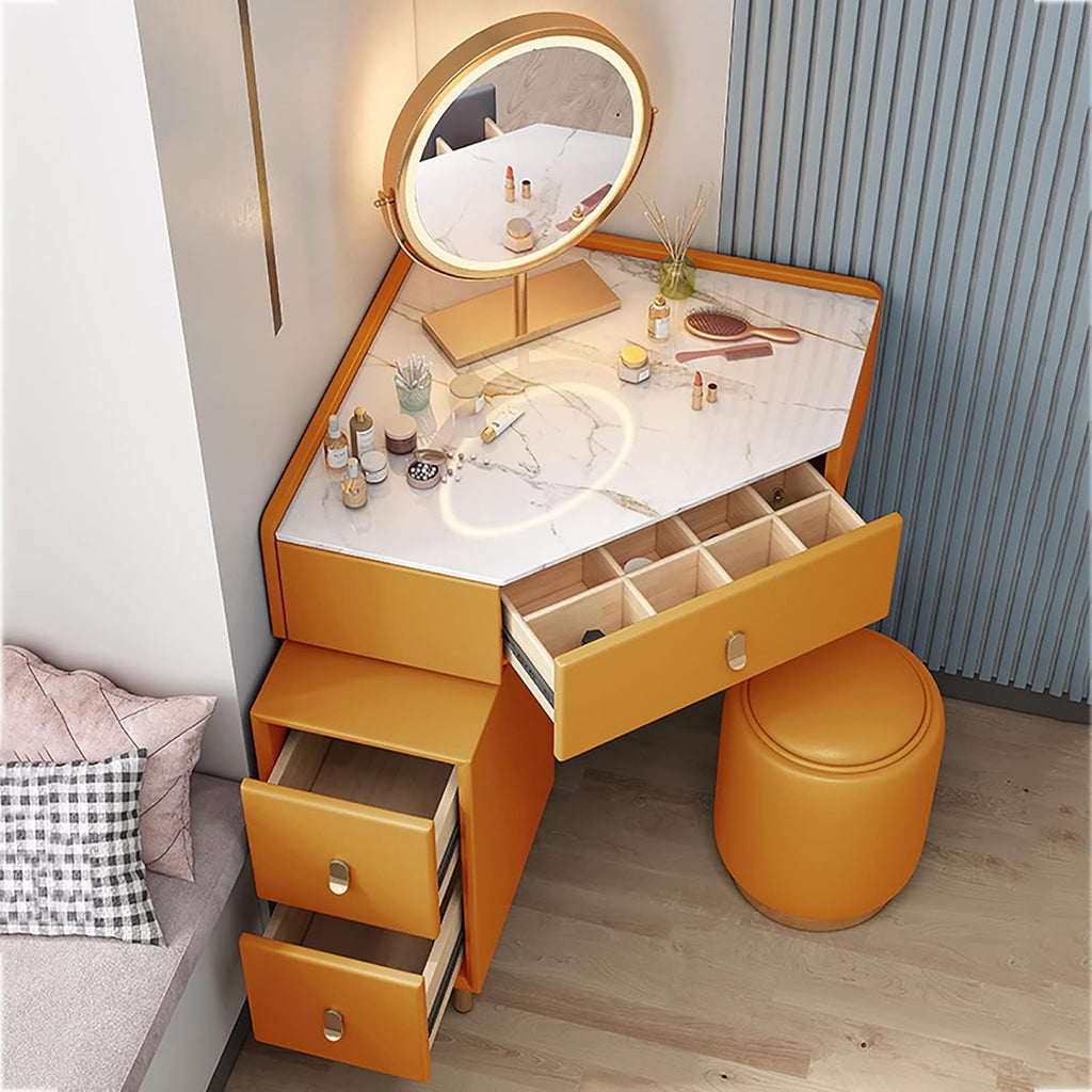 Corner Vanity Set with Lighted Mirror, Makeup Dressing Table with Drawers, Cabinet and Cushioned Stool, Girls Vanity Desk for Dressing Room, Bedroom,Grey