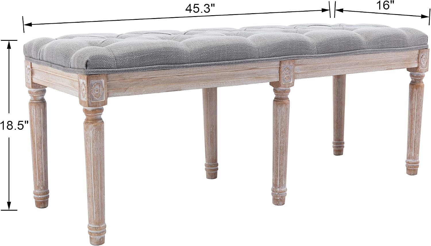 Farmhouse Dining Bench 45' Long Vintage Tufted Bench with Wood Legs Upholstered Entryway Bench Fabric End of Bed Bench for Bedroom Living Room Hallway, Grey