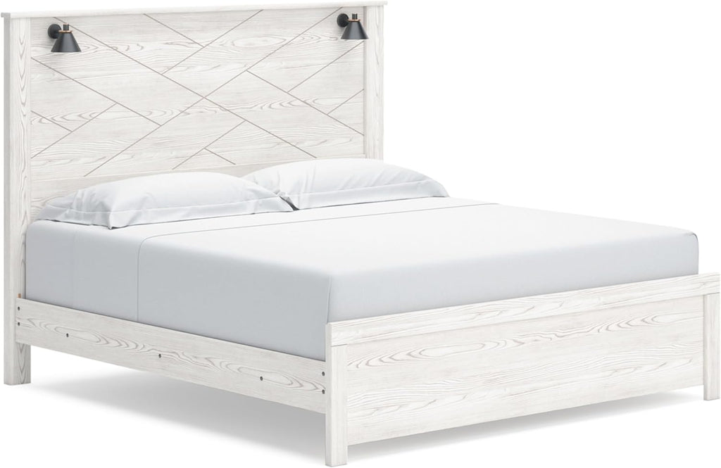 Signature Design by Ashley Gerridan Casual King Panel Bed with Sconce Lights and Metal Slats, Foundation or Box Spring Needed, White