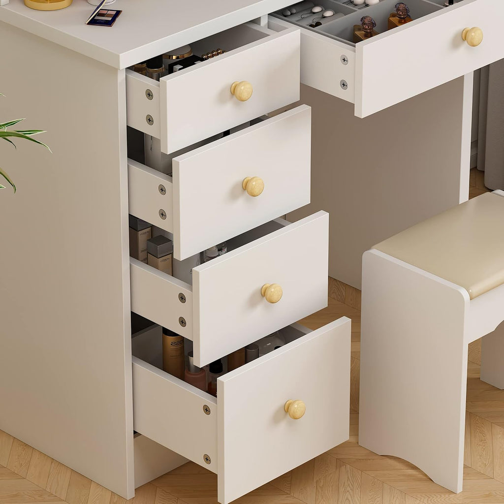 AGOTENI Makeup Vanity Set Dresser Desk with 5 Drawer and Shelf Round Mirror with Touch Screen and Light Vanity Set with Cushioned Stool for Bedroom, White