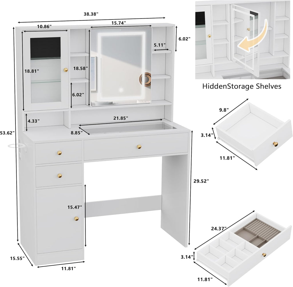Wodeer Makeup Vanity Desk with Mirror and Lights, White Vanity with Glass Top, Jewelry Storage, Power Outlets, 3 Drawers & 2 Cabinets, Adjustable LED Lighting, Dressing Table for Women & Girls Bedroom