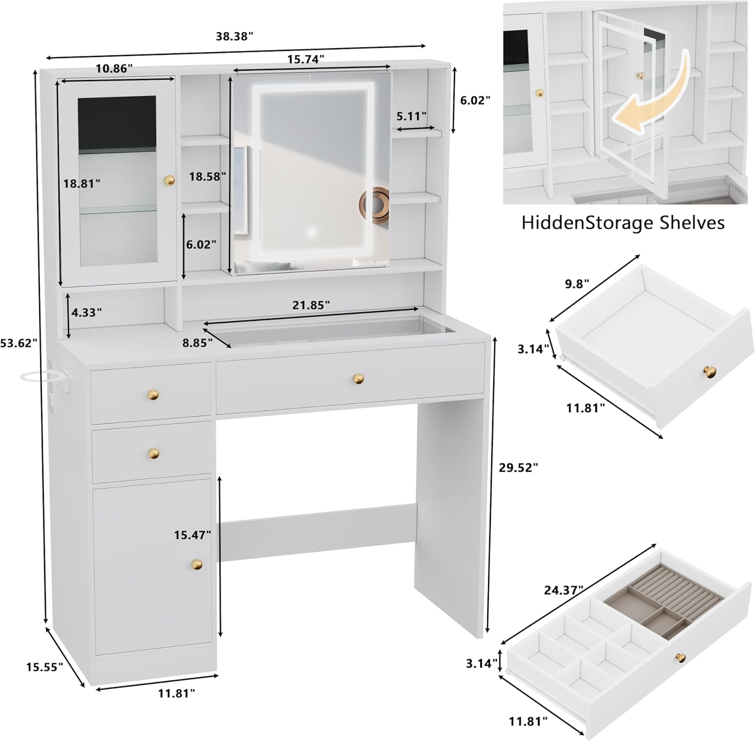 Wodeer Makeup Vanity Desk with Mirror and Lights, White Vanity with Glass Top, Jewelry Storage, Power Outlets, 3 Drawers & 2 Cabinets, Adjustable LED Lighting, Dressing Table for Women & Girls Bedroom