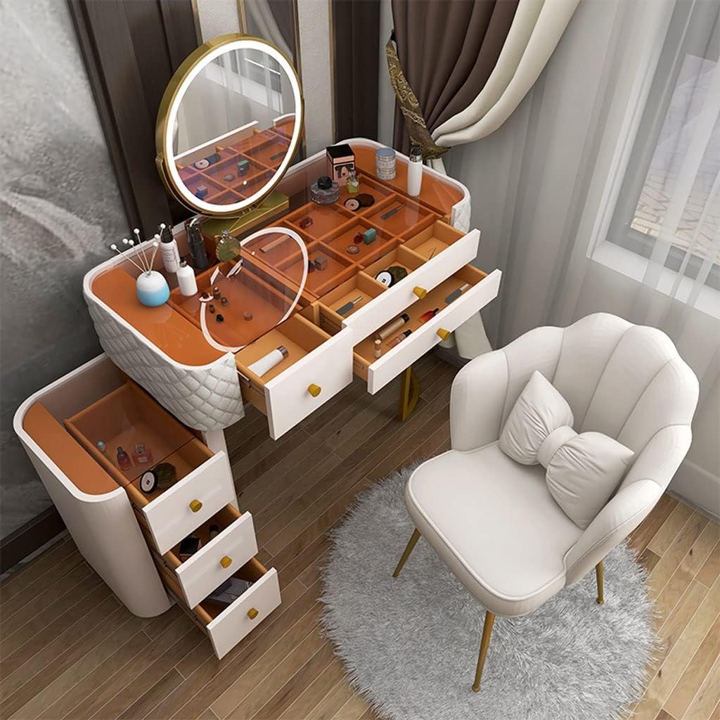 Vanity Benches Dresser Modern Bedroom Glass Vanity Table Small Apartment Storage Cabinet with Storage Cabinet, Stool, Mirror (Color : A)