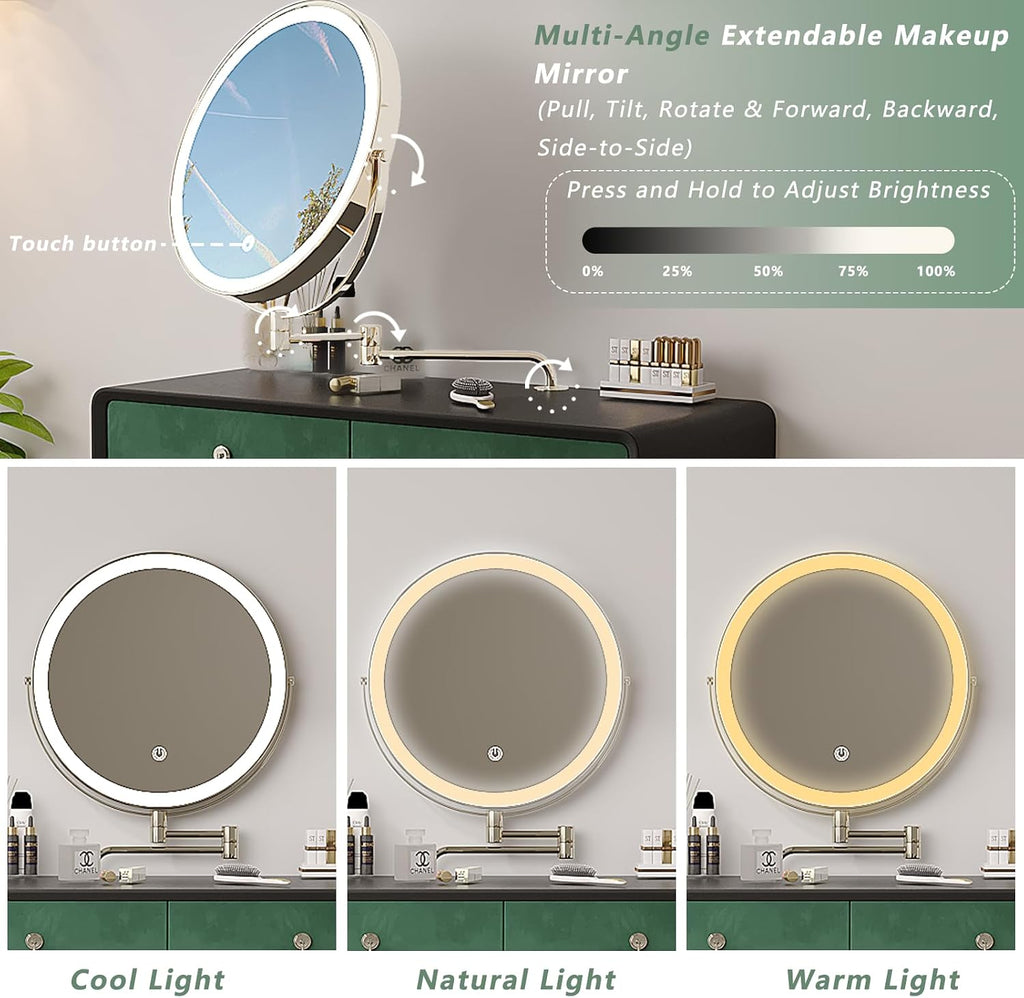 Vanity Desk with Adjustable Mirror and Lights, Makeup Vanity with 2 Drawers and Chair, Small Dressing Table with Leather Surface for Bedroom, 3 Lighting Modes