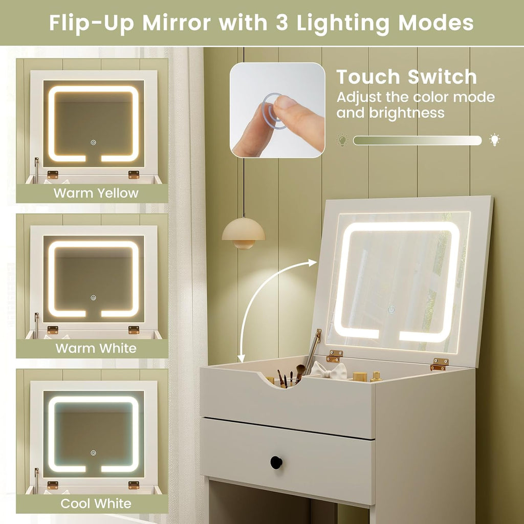 CHARMAID Small Vanity Desk Set, Makeup Vanity Table with Flip-up Lighted Mirror, Storage Bench, 2 Drawers, 8 Wheels, White Girls Dressing Table Nightstand for Small Space Bedroom