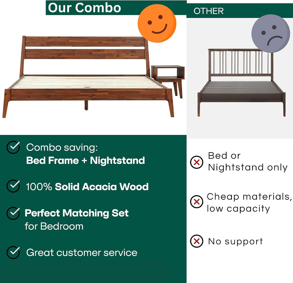 Acacia Callisto Queen Solid Wood Platform Bed Frame with Headboard – Gift Matching Nightstand Included, Mid-Century Modern, Walnut Finish, No Box Spring Needed, Sturdy, Easy Assembly