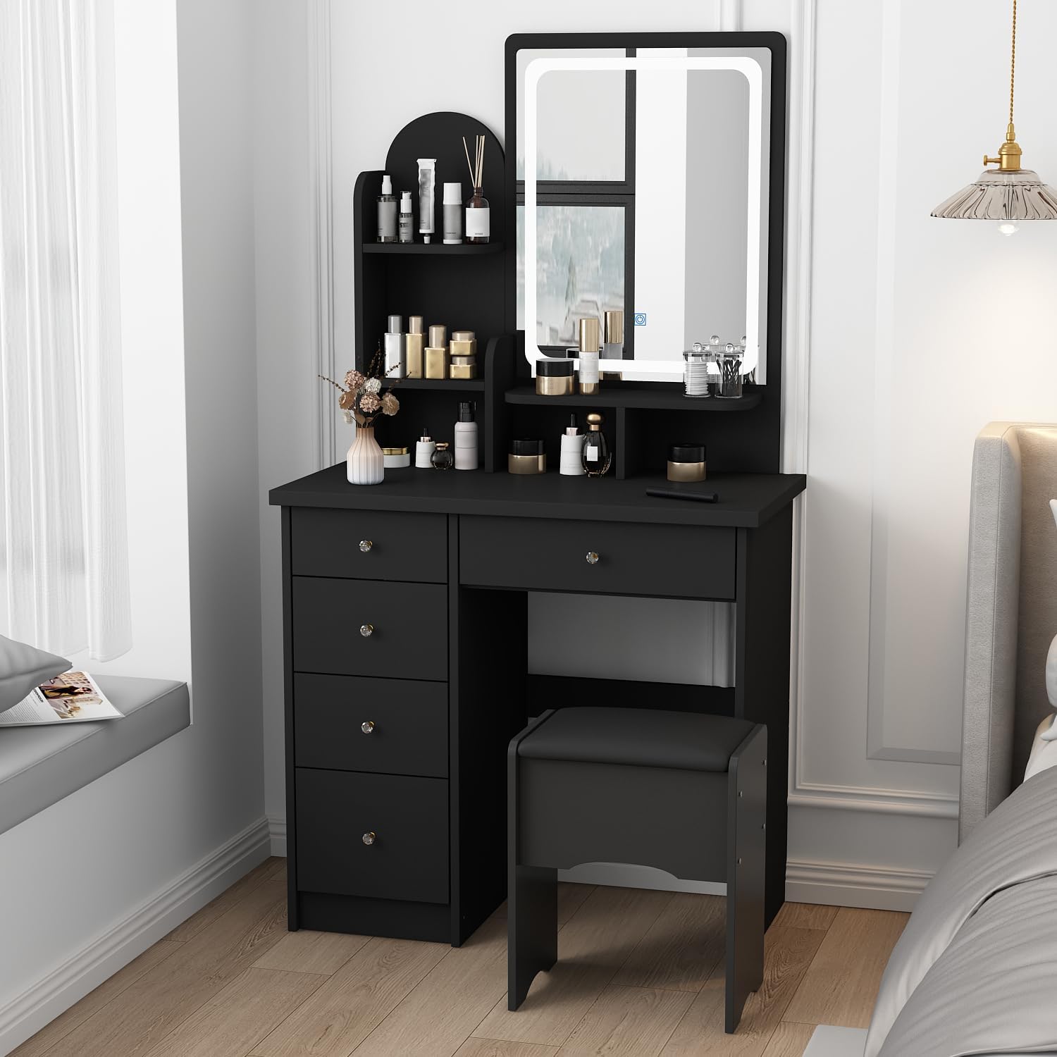 Vanity with Chair, Dressing Table with Lighted Rectangular Mirror, 5 Drawers and Shelves, Makeup Vanity Set with Storage for Bedroom, Crystal Knobs, Black, 15.7' D x 31.5' W x 55.1' H