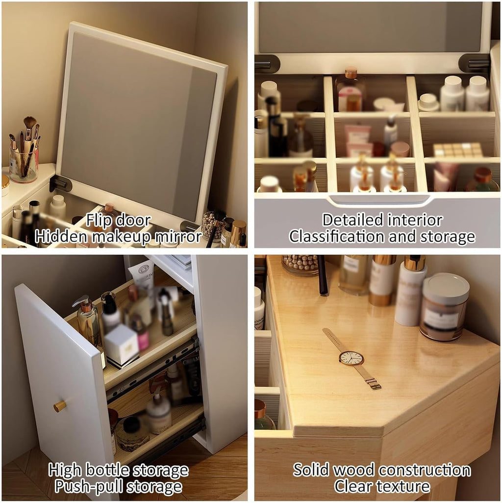 Walnut Modern Corner Vanity Desk with Mirror, 3 Drawers, Wood Makeup Vanity, Large Vanity Table, Storage Bench, 70 x 70 x 75CM