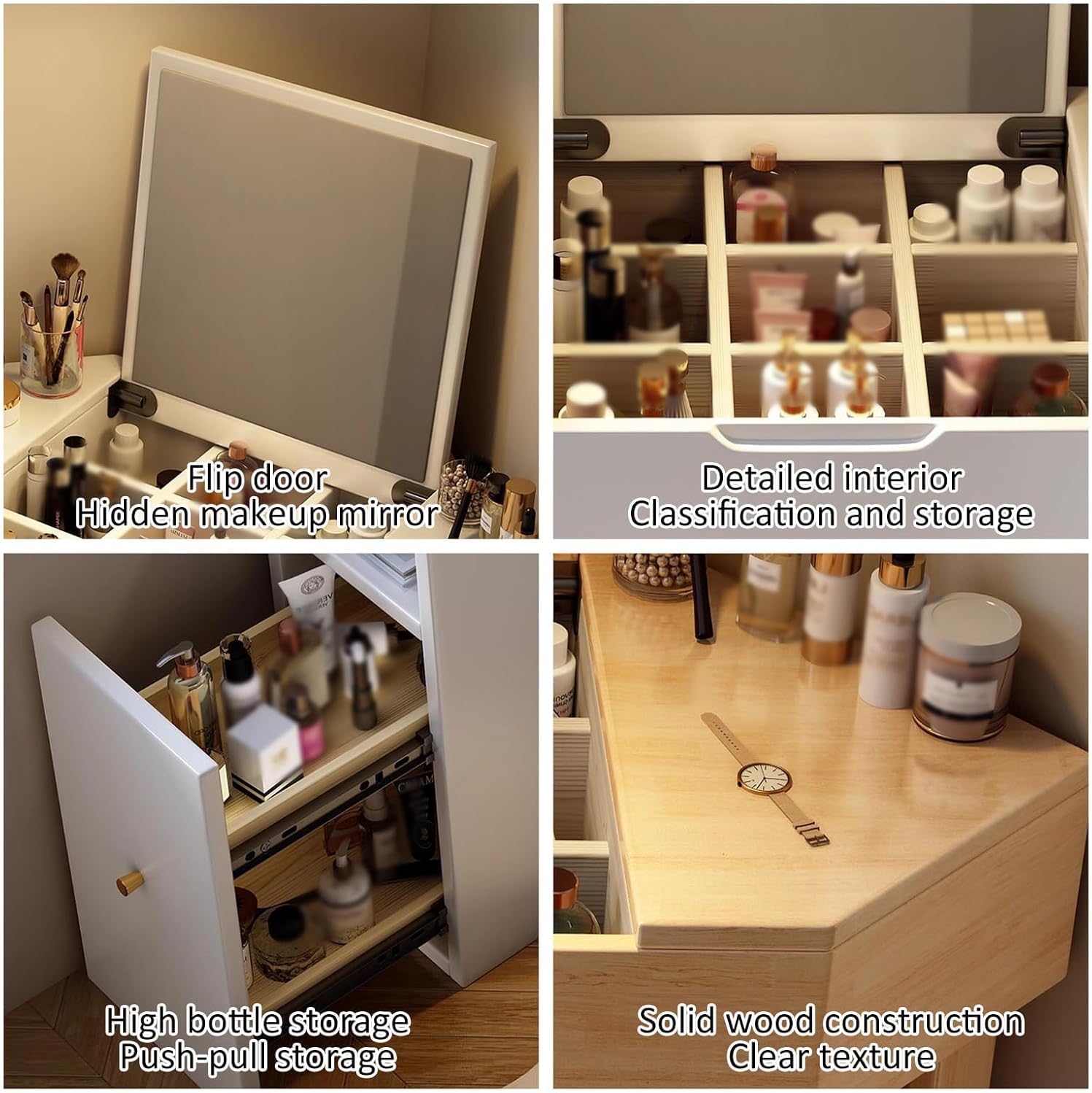 White,Corner Vanity Desk with Mirror, Wood Makeup Vanity with 3 Drawers, Vanity Desk with Side Cabinet, Large Vanity Table, Storage Bench, 70 * 70 * 75CM