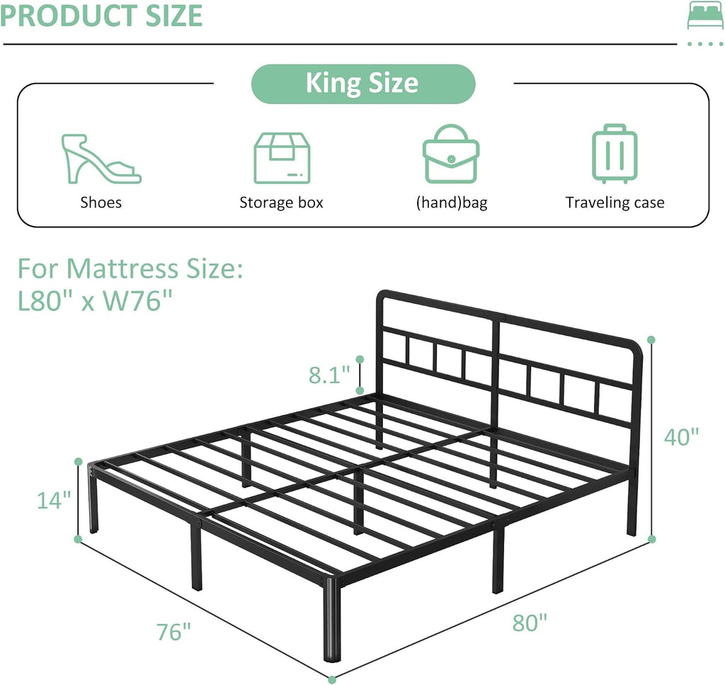 Yicensen 14 Inch King Bed Frame with Headboard, Heavy Duty Metal King Size Platform Bed Frame with Rounded Corner Legs, No Box Spring Needed, Noise Free, Easy Assembly, Black