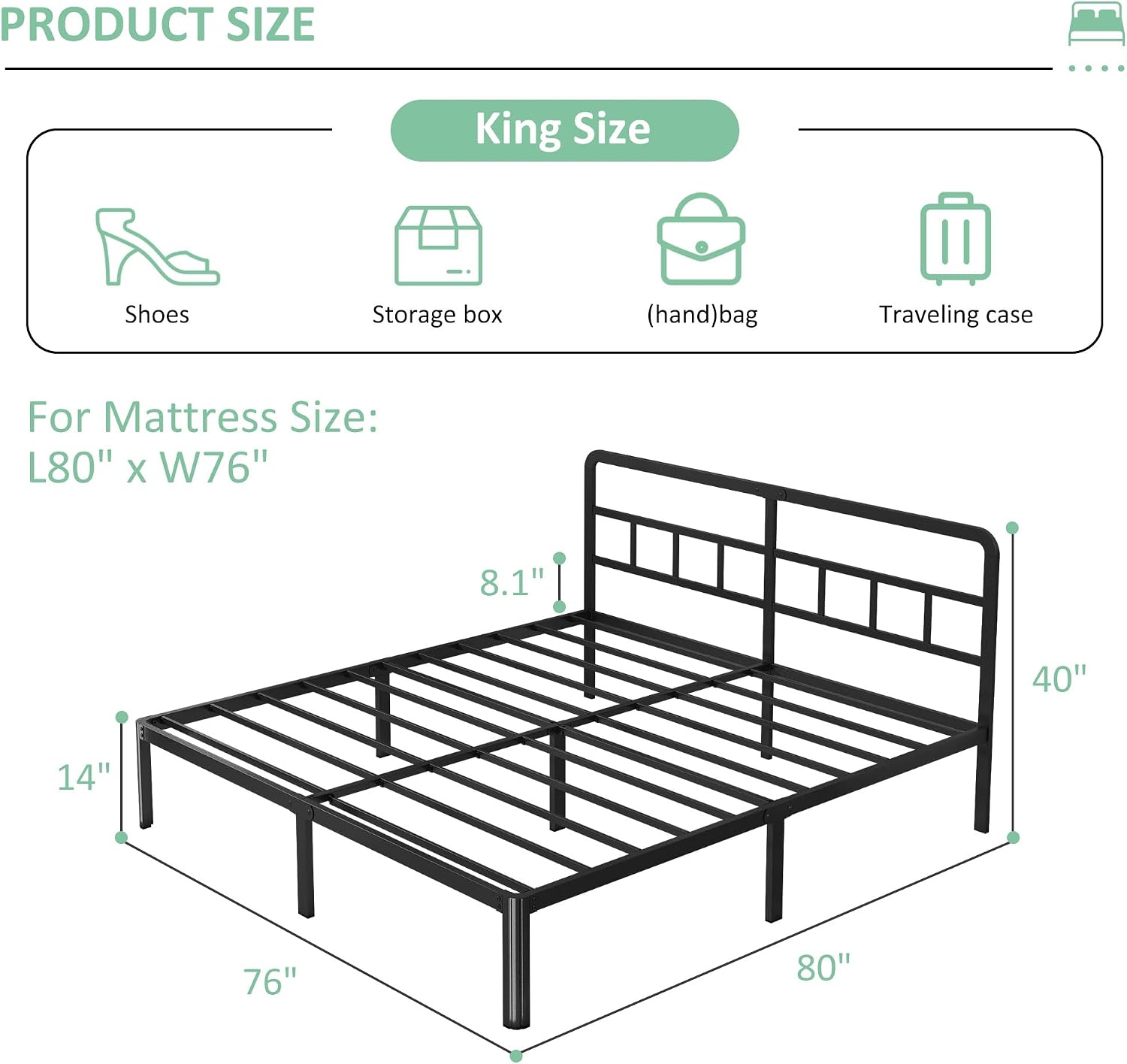Yicensen 14 Inch King Bed Frame with Headboard, Heavy Duty Metal King Size Platform Bed Frame with Rounded Corner Legs, No Box Spring Needed, Noise Free, Easy Assembly, Black