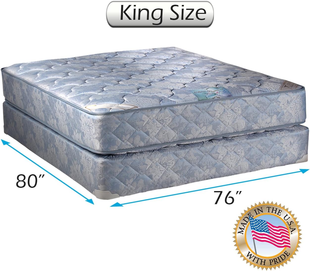 Dream Solutions USA DS USA Chiro Premier Two-Sided Medium Firm (Blue) Mattress Set with Metal Bed Frame - Spine Support, Orthopedic, Longlasting Comfort (King 76'x80'x9')
