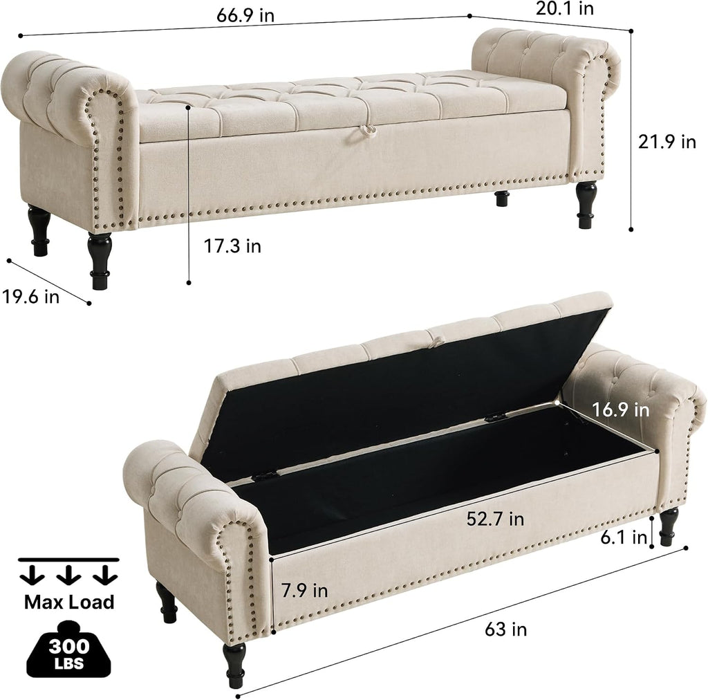 Storage Bed Bench for Bedroom, Chenille 67' End of Bed King Size Benches with Armrest, Tufted Button Upholstered Ottoman Bench for Living Room, Entryway, Camel